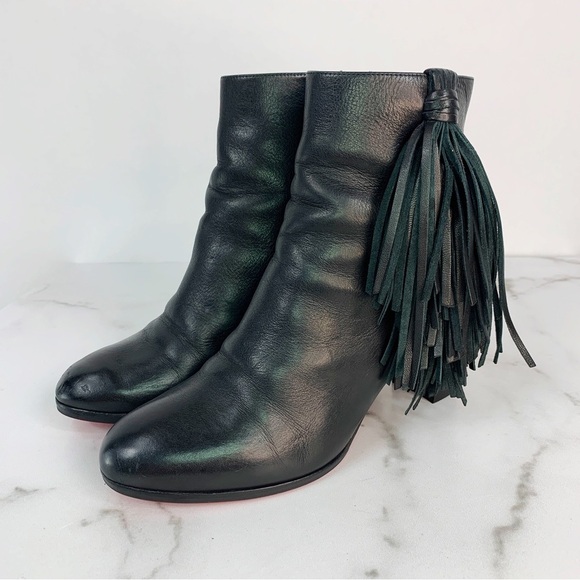 Christian Louboutin Jimmynetta Black Calfskin Leather Fringe Ankle Chelsea Boot - Picture 2 of 16